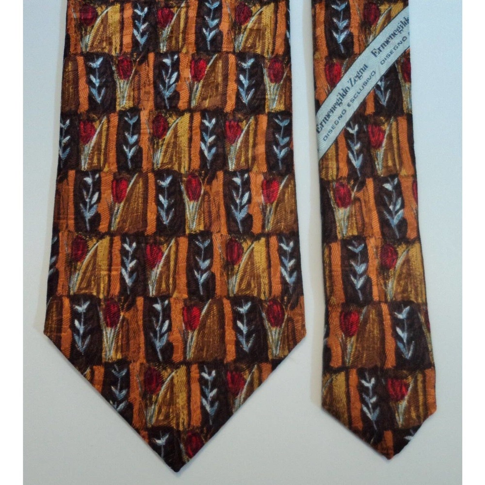 Ermenegildo Zegna Italy 100% Silk Tie Brown & Gold With Red Flowers 3.75" x 57"